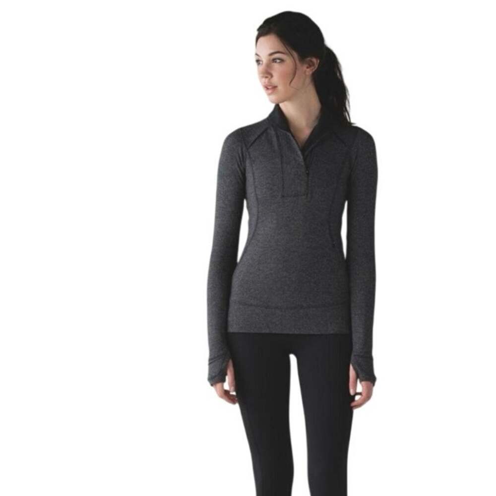 Lululemon Think Fast Pullover Heathered Black Herringbone Half Zip Sweater Sz L